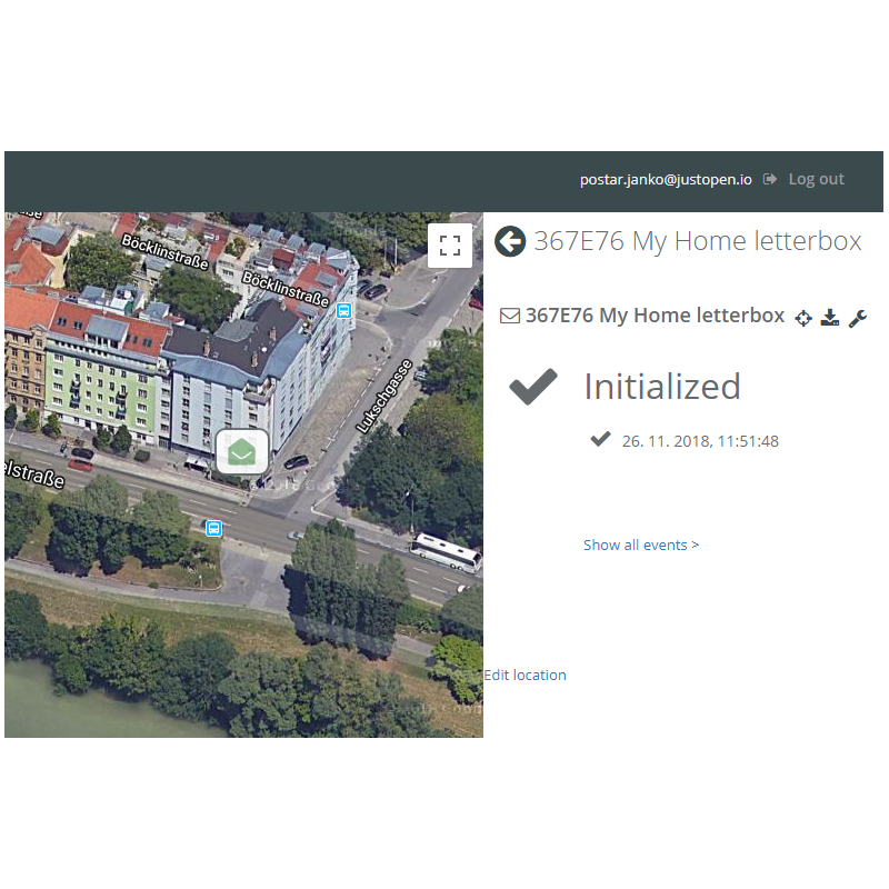 justopen.io cloud portal — real-time device monitoring with GPS location and event history